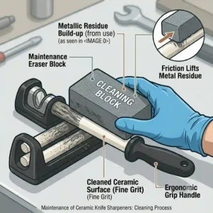 An instructional illustration showing how to clean dark metal residue off ceramic knife sharpeners using an eraser block.