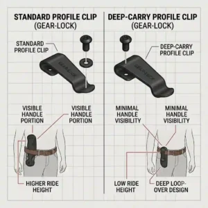 Comparative graphic showcasing a standard clip profile versus a deep-carry loop-over knife belt clip for minimal handle visibility.