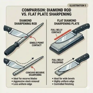 Comparison illustration showing the different points of contact and uses of a diamond sharpening rod vs. a flat diamond stone for various diamond knife sharpening tools.