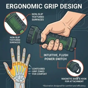 Ergonomic handle design of a portable work flashlight with a non-slip textured grip.