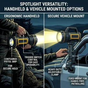 A side-by-side illustration comparing an ergonomic handheld spotlight with a pistol grip to a vehicle-mounted spotlight for long-range security patrolling.