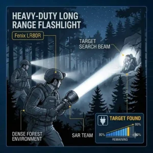 An illustration depicting a search and rescue team using a heavy-duty long range flashlight to scan a dense forest environment.