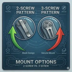 Technical illustration of two-screw and three-screw pocket clip mounting patterns on an everyday carry item.