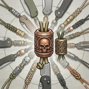 An illustration showing a pocket knife clipped inside a pocket with a paracord lanyard and knife bead hanging out for easy access.