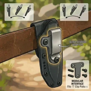 A detailed illustration of a quick-release locking mechanism on a modern tactical knife sheath belt clip.