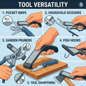 Illustration showing the diamond sharpener being used on various tools like scissors and shears.