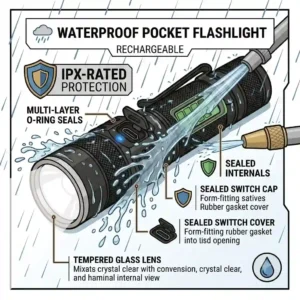 An illustration of a pocket flashlight rechargeable casing resisting heavy rain, demonstrating its waterproof IPX rating.