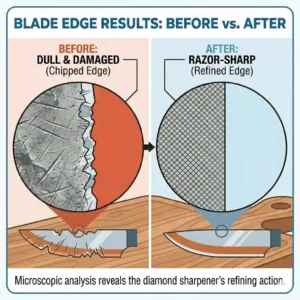 Microscopic close-up view of a knife edge after being refined by a diamond sharpener.