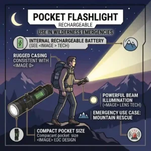 A nighttime scene showing a hiker using a pocket flashlight rechargeable beam to illuminate a dark mountain trail.