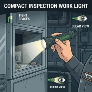 Compact inspection work flashlight used by a technician to illuminate tight crawl spaces.