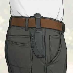 A low-profile drawing of an inside-the-waistband (IWB) setup featuring a concealed carry knife sheath belt clip.