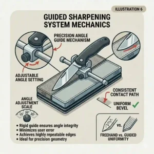 Exploded view and detailed description of the components and mechanism of a guided system for precision diamond knife sharpening tools.