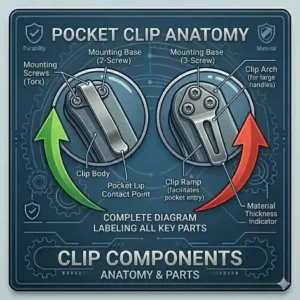 Labeled anatomical diagram of a standard pocket clip, marking the mounting tab, loop, ramp, and contact point.