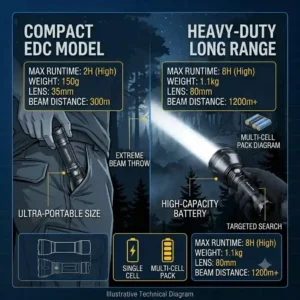 A size comparison graphic showing a compact EDC model next to a large, heavy-duty long range flashlight.