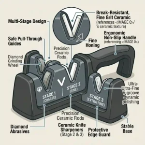 A three-stage manual kitchen sharpener featuring diamond and ceramic knife sharpeners for coarse and fine honing.