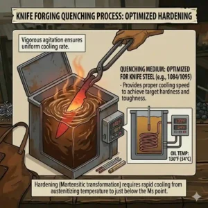 A knife forging heat treatment setup showing a blade being dipped into an oil quenching tank for hardening.