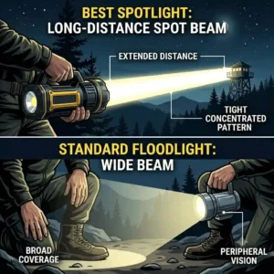 An illustration contrasting a wide floodlight pattern with the sharp, narrow throw of the best spotlight for long distance tracking.
