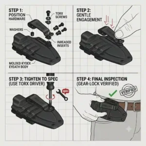 Four-step visual guide showing a Torx driver tightening a screw to secure a replacement knife belt clip to a sheath body.