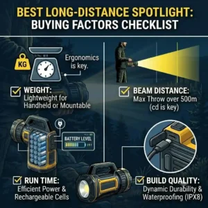 A visual summary checklist highlighting weight, beam distance, run time, and build quality to help users choose the best spotlight for long distance needs.