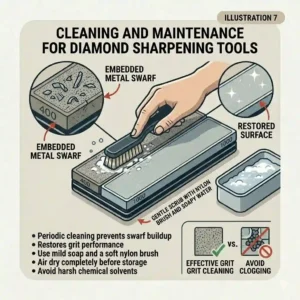 Instructional graphic showing the correct procedure to clean and maintain different diamond knife sharpening tools for long-lasting performance.