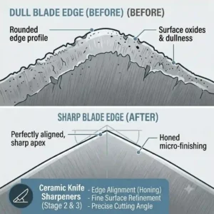 An illustration of a dull knife edge versus a perfectly aligned, sharp blade edge after using ceramic knife sharpeners.