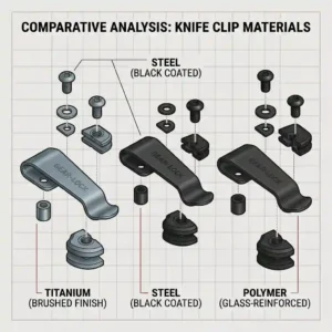 A grouping of three custom clips showcasing different materials, including brushed titanium and black coated steel knife belt clip options.