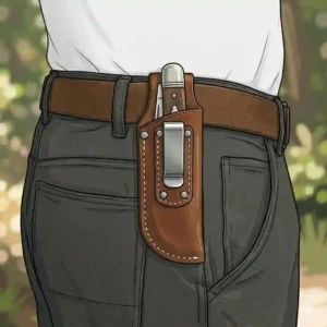 A classic hand-stitched leather sheath design with a traditional riveted spring steel knife sheath belt clip on the back.