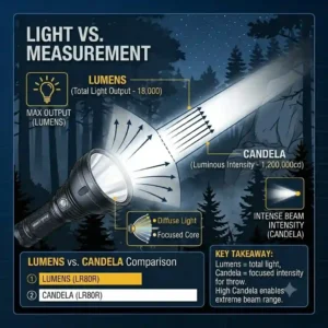 An educational illustration explaining the difference between lumens and candela in a long range flashlight.