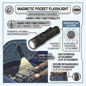 An illustration showing a pocket flashlight rechargeable base magnetically attached to a car hood for hands-free repair work.