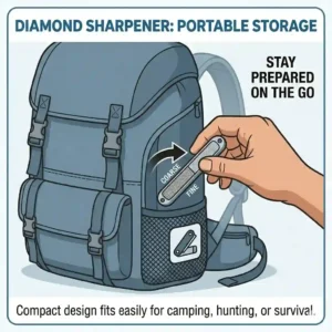 A person packing a small, portable diamond sharpener into a camping backpack pocket.
