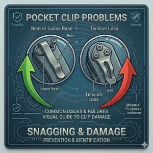 Illustration showing how a bent pocket clip can catch on objects, with visual tips on how to prevent snagging.