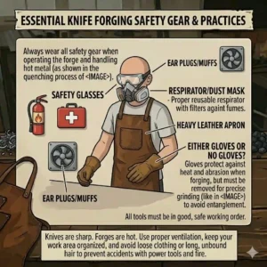 Essential protective safety gear to wear when operating heavy knife forging tools and high-heat forges.