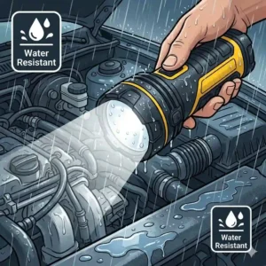 Water-resistant mechanic work flashlight operating under wet and rainy outdoor conditions.