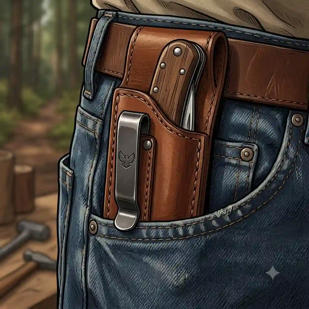 A premium leather knife sheath pocket clip in use, secured to a denim pocket.