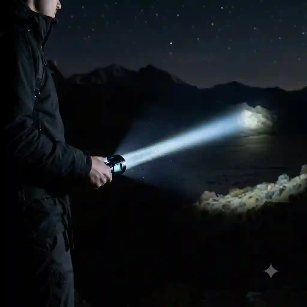 A powerful longest throw flashlight casting a highly concentrated, long-distance light beam into the dark night sky.