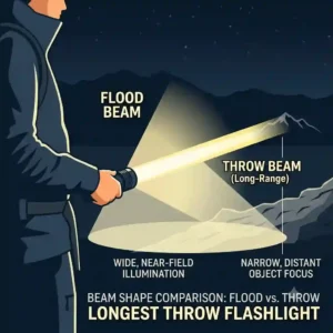 An infographic diagram comparing a standard floodlight beam with the narrow, long-range beam of a longest throw flashlight.