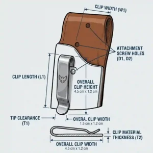 Technical drawing showing the physical dimensions of a robust knife sheath pocket clip and its attachment points.