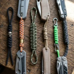 Rugged black tactical military lanyards for knives with a skull bead accent.