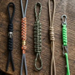 Premium handcrafted braided brown leather lanyards for knives on classic folding knives.