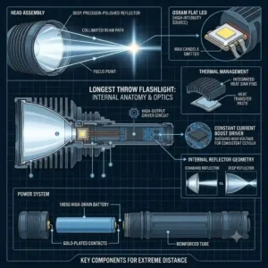 A technical cross-section diagram showing the internal anatomy, deep reflector, and LED of a longest throw flashlight.