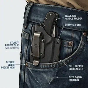 In-pocket illustration showing the deep-carry concealment of a knife sheath pocket clip.