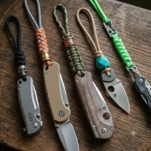 A person retrieving a folding knife from a pocket using functional lanyards for knives.