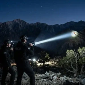 A search and rescue team using a heavy-duty longest throw flashlight to illuminate a distant mountain peak at night.