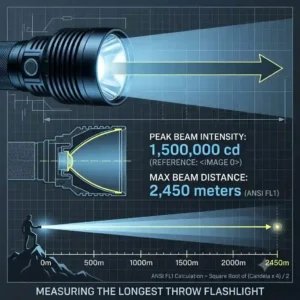 An explanatory measurement chart showing how to calculate the maximum beam distance of a longest throw flashlight based on ANSI standards.