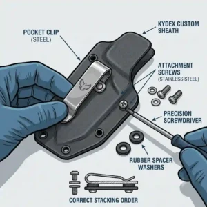 A diagrammatic view demonstrating the proper installation of a knife sheath pocket clip using standard hardware.