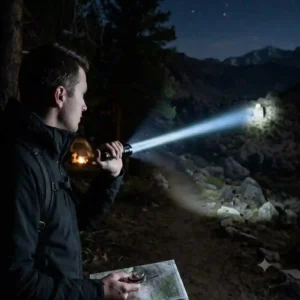 A hiker standing on a trail at night using a compact longest throw flashlight to spot distant terrain.