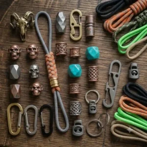 An assortment of metal beads and hardware accessories for customizing lanyards for knives.