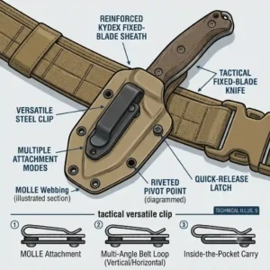 A high-strength, tactical-grade knife sheath pocket clip mounted on a utility belt.