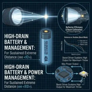 An infographic highlighting the high-drain battery and advanced driver inside a high-performance longest throw flashlight.