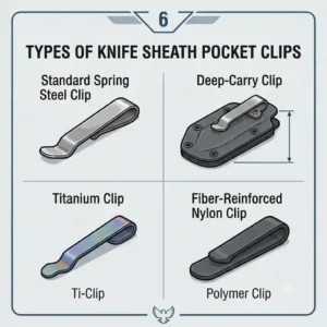 Comparison view of different types of a knife sheath pocket clip, including spring steel and titanium options.
